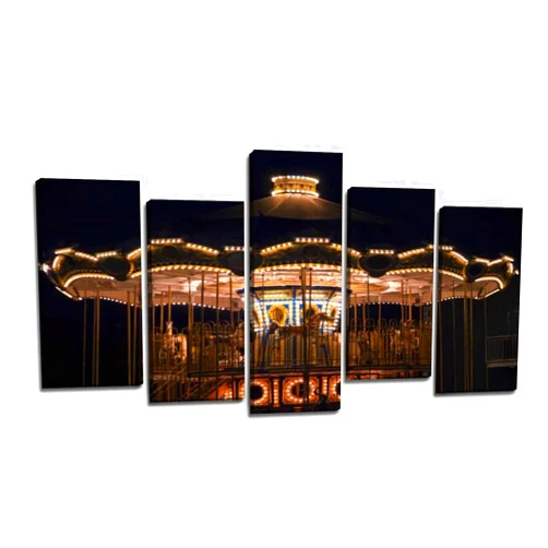 EXLOJMWTPOR 5 Panels Canvas Wall Art Painting The carousel in the amusement park in the lights at night Prints on Canvas Giclee Artwork Stretched and Framed Ready to Hang Modern Home Decoration