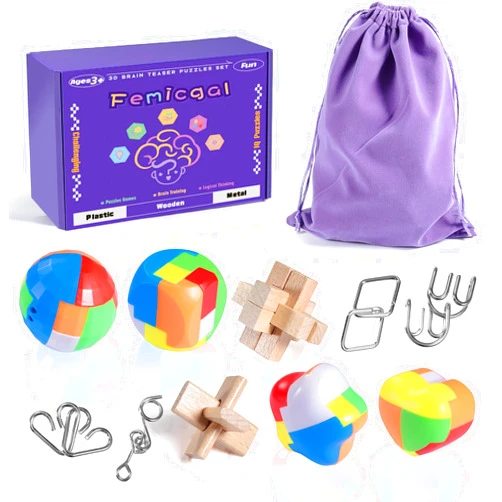 Femicgal Brain Teaser Puzzles for Adults and Kids, 10Pcs Puzzle Games Set, 3D Wooden Plastic Metal Puzzle, Unlock Interlock Mind Brain Games, IQ Test Educational Toy