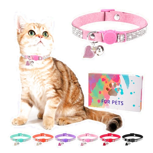 DILLYBUD Rhinestone Cat Collar Breakaway with Bell, Diamond Cat Collar with Safety Buckle Quick Release for Girl Boy Small Kitten Pets Puppy,Cute Soft Female Male Cat Collars, Color Pink 7-9