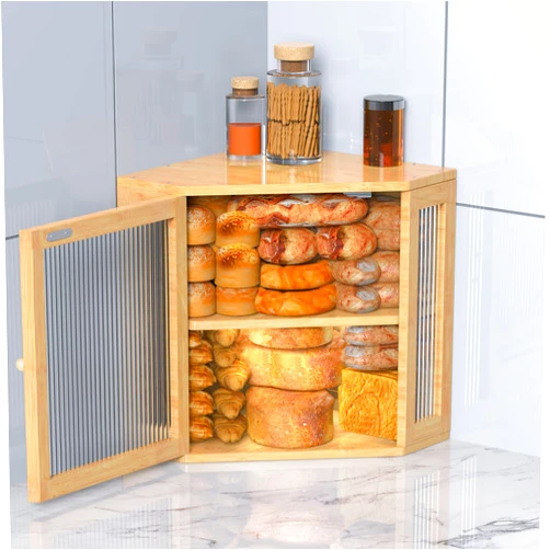 RYLTKISS Corner Bread Box, Extra Large Bread Box for Bread Storage-Durable Bamboo Wood Bread Box for Kitchen Countertop-Double Bread Container with Adjustable Height, Easy To Assemble