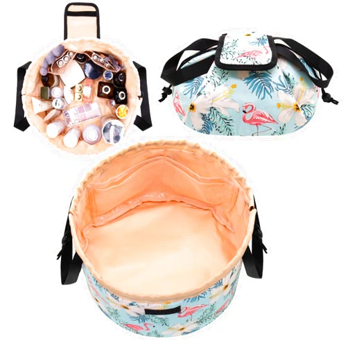 TAPMEI Large Barrel Drawstring Makeup Bag,Travel Makeup Bag,Portable Flamingo Cosmetic Bag Make Up Organizer Bag for Travel Accessories Essentials (Flamingo Blue)