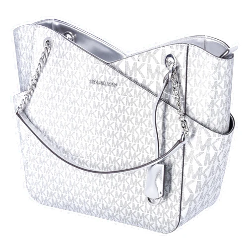Michael Kors Jet Set Travel Large Chain Shoulder Tote Metallic Signature MK Bag (Silver)