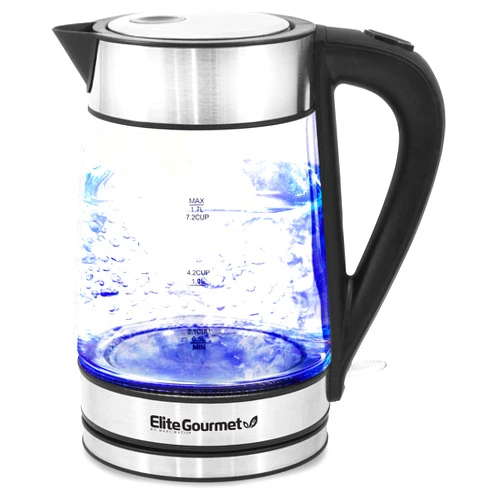 Elite Gourmet EKT602X Glass Electric Tea Kettle Hot Water Heater Boiler BPA-Free with Blue LED Interior, Fast Boil and Auto Shut-Off, Strix Controller, 1.7L, Stainless Steel