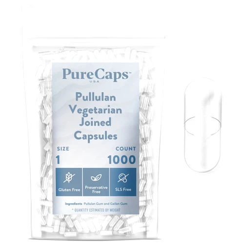 PureCaps USA - Empty Vegetarian Vegan Pullulan Pill Capsules Size 1, 1,000 Empty Joined Pullulan Pills, Clear, Non-GMO Certified, SLS Free, Gluten Free, Preservative Free Pill Capsules Empty