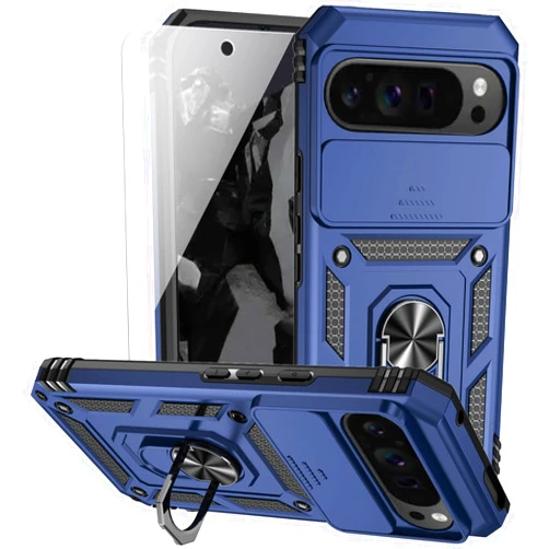 M MAIKEZI for Google Pixel 9 Pro XL Case with Camera Lens Cover HD Screen Protector, Dual Layer Military-Grade Drop Tested Magnetic Ring Holder Kickstand Protective Phone Case for Pixel 9 Pro XL (Navy Blue)