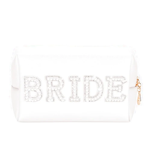 Etercycle Bride Letter Makeup Bag, Bride To Be Gifts Bling Pearl Rhinestone Patch Cosmetic Bag, Waterproof PU Travel Toiletry Bag for Bachelorette Party Women Wedding Bridal (Silver)