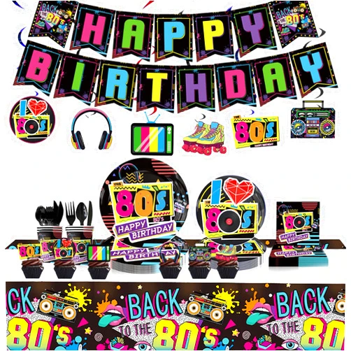 Lousuip 80s Birthday Decorations Party Supplies, 80's Themed Party Tableware 172pcs Serves 20 - Plates, Napkins, Cups, Cutlery, Tablecloth, Banner, Hanging Swirls, Cupcake Toppers for 80s Hip Pop Party