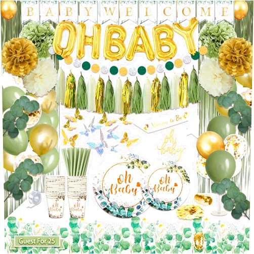 Guudmua 217 Pcs Sage Green Baby Shower Decorations, Neutral Baby Shower Decor Supplies- Disposable Dinnerware Set With Eucalyptus Leaf (25 Guest), 