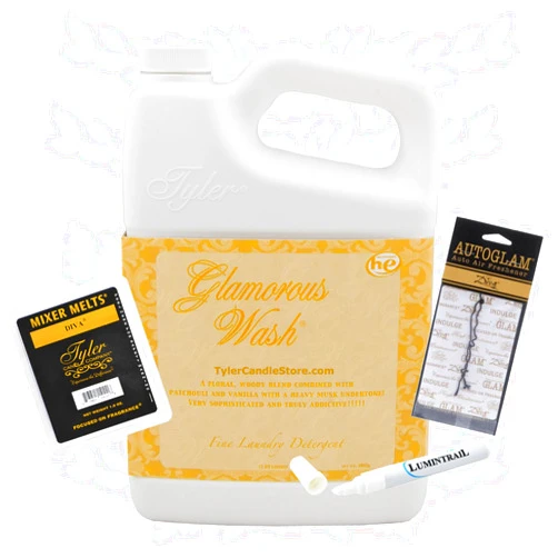 SPRING SISTERS Tyler Candle Glamorous Wash Laundry Detergent, Diva Bundle with Tyler Candle Mixer Melts, Autoglam Freshener, and Degreaser Pen (64 oz)