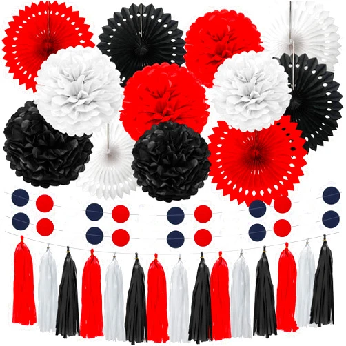 WILLBOND 29 Pcs Red and Black Decorations Mouse Paper Decoration Fan Pom Pom Honeycomb Flower Tissue Tassel Garland Theme Party Supplies for Graduation Birthday(White, Red, Black)