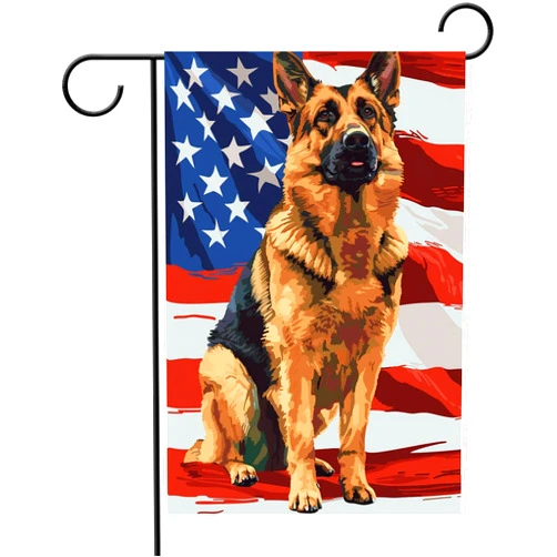 Iweeta Garden Flag German Shepherd with American Flag Background Oil Painting Style Garden Flags Double Sided Yard Flags 12x18 inch for Yard Outdoor Decor