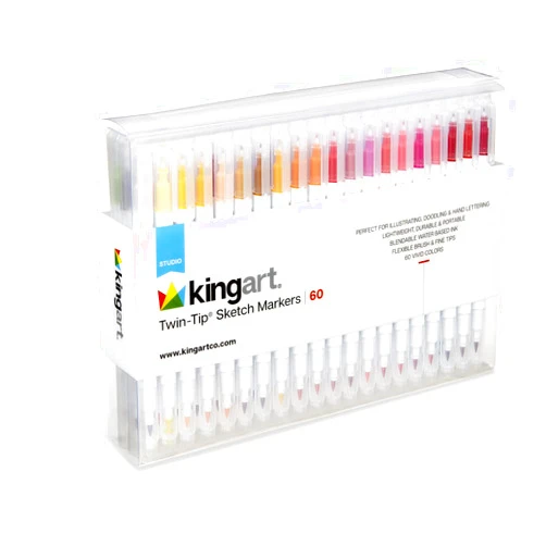 KINGART 415-60 60 pc. Dual Twin-Tip Sketch Markers, Fine Tip & Brush Tip Pens, Water-Based Ink for Coloring, Calligraphy, Journaling, Drawing, Doodling and More, Includes 60 Vivid Colors