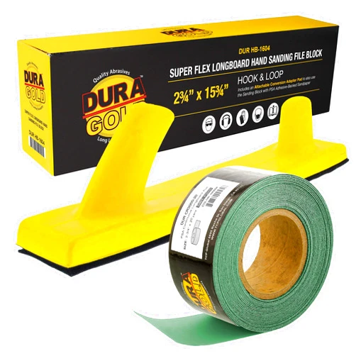 Dura-Gold Pro Series Super Flex Longboard Hand Sanding File Block with Both Hook & Loop Backing and PSA Adapter Pad & 3000 Grit Green Sandpaper Roll, 2-3/4