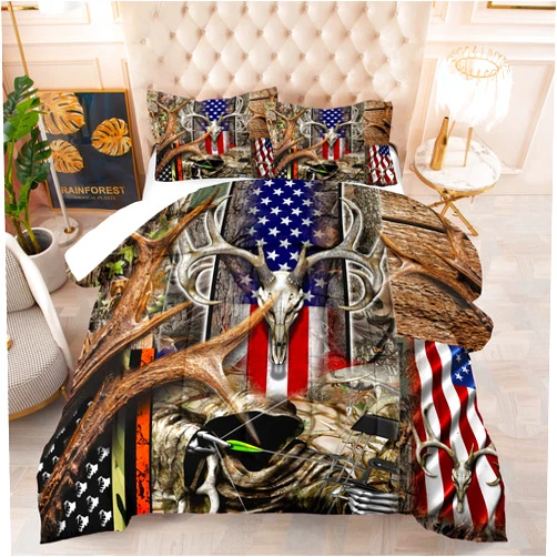 Tailor Shop American Flag Comforter Set for Boys Teens Jungle Adventure Hunting Wood Skull Deer Comforter American Flag Bedding Sets Queen Size with 1 Comforter 2 Pillowcases