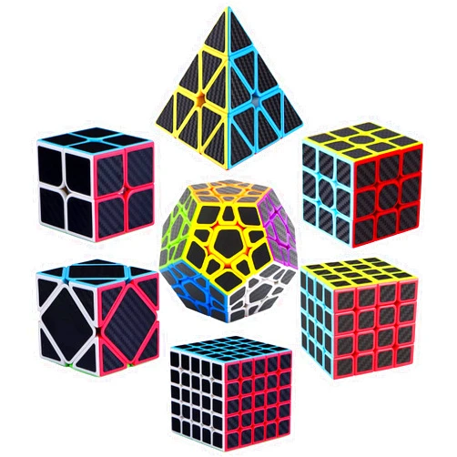 Roxenda Speed Cube Set, Speed Cube Bundle of 2x2 3x3 4x4 Megaminx Windmill Mirror Cube and Pyramid Cube Smoothly Magic Cubes Collection for Kids & Adults [7 Pack] (Carbon Fiber)