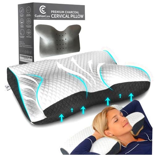 CushionCare Charcoal Cervical Neck Pillow for Pain Relief Sleeping – Ventilated Memory Foam - Orthopedic Contour Pillow for Side, Back, Stomach Sleeper - Ergonomic Arm, Neck and Shoulder Support Pillows