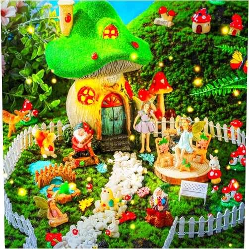 Suzile 50 Pcs Solar Fairy House Garden Accessories Light up Flocked Fairy House Garden Kit Green Resin Miniature Mushroom Figures Micro Landscape Ornament(Mushroom House)