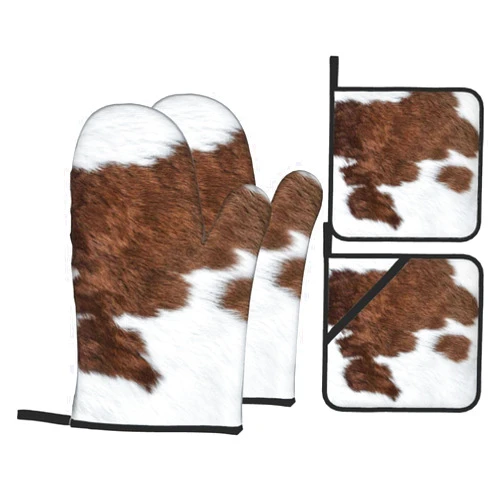 YDTBRUF Brown Cowhide Oven Mitts and Pot Holders Set of 4 Cow Skin Pattern Mittens Potholders Heat Resistant Vintage Cow Bull Fur Animal Glove Pot Holder for BBQ Cooking Baking Grilling Kitchen Accessories