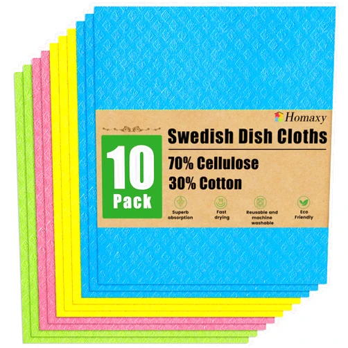 Homaxy Swedish Dishcloths for Kitchen, 10 Pack Reusable and Washable Cellulose Sponge Cloths Dish Towels, Absorbent and No Odor Paper Towels for Dishes ＆ Counters, Assorted