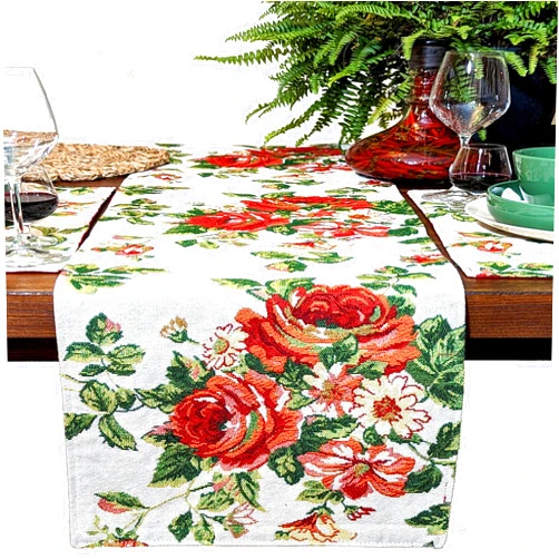Tache Home Fashion Tache Sweet Roses Spring Summer Traditional Country Vintage White Red Floral Decorative Woven Tapestry Kitchen Coffee Table Runners Scarfs, 13x72
