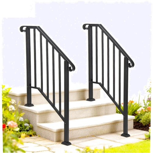 VINGLI 2 Pack Handrails for Outdoor Steps, Stair Handrail Kit Fits 1 to 5 Steps, Wrought Iron Hand Rail with Curved End & Balusters, Stair Railing for Deck/Porch/Indoor Steps (2, Black, 2-3 Steps)