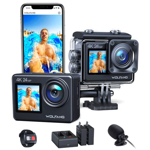 WOLFANG GA200 24MP 4K Action Camera 40M Waterproof Underwater Camera for Snorkeling, EIS WiFi Adjustable Wide Angle Dual Screen Camera for Vlog, Webcam(Charger, Remote Control and Helmet Accessories)