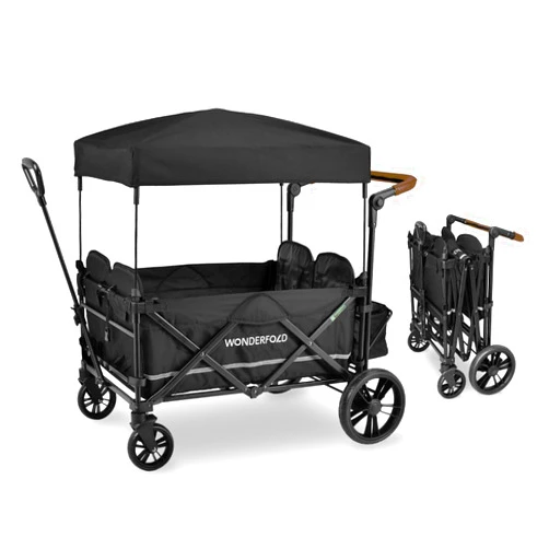WONDERFOLD X4 Push & Pull Stroller Wagon (4 Seater) - Collapsible Wagon Stroller with Seats with 5-Point Harnesses, Adjustable Push Handle, and Sun Canopy, Black