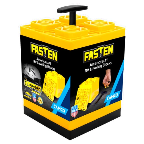Camco Fasten Camper/RV Leveling Blocks - Features Interlocking Design for Customizable Height - Carrying Handle Twists to Secure Blocks for RV Storage - 8.5” x 8.5” x 1”, Yellow, 10-Pack (21022)