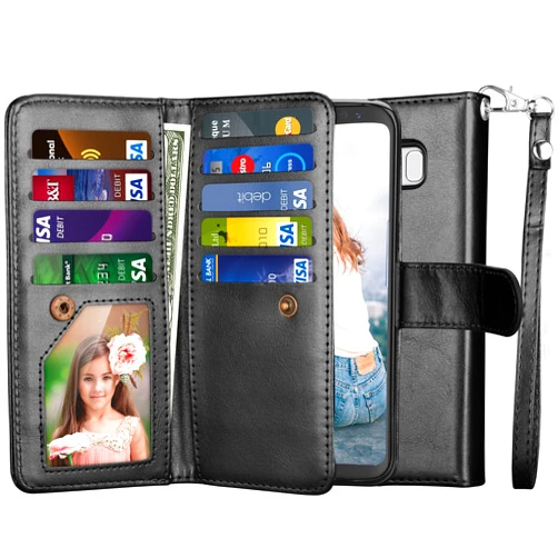 NJJEX for Galaxy S8 Wallet Case, for Samsung Galaxy S8 Case, PU Leather [9 Card Slots] ID Credit Card Holder Folio Flip Cover [Detachable] [Kickstand] Magnetic Phone Case & Wrist Lanyard - Black