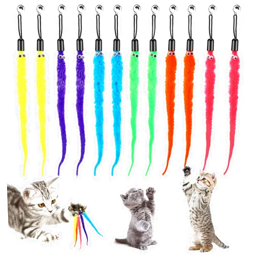Cobee 12pcs Cat Worm Toy Refills, Cat Wand Toy Replacement Refills Furry Tail Worm with Bells Assorted Cat Interactive Toy Refills with Bell for Cat Kitten Worm Refills Attachment for Cat Wand