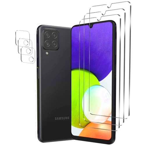JOKITA 3 Pack Screen Protector for Samsung Galaxy A22 5G (Not fit Galaxy A22 4G) with 3 Packs Camera Lens Protector,Tempered Glass Film,9H Hardness,HD,Anti-Scratch,2.5D Edge,Touch Sensitive,Anti-Fingerprin.