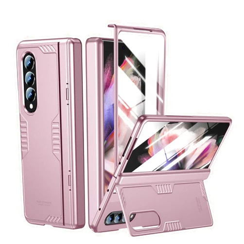 Kaiiecal for Samsung Z-Fold-3 Phone Case: Slim Hinge [Wireless Charging] Hidden Stand Cover Z Fold3 with Screen Protector Rose Gold