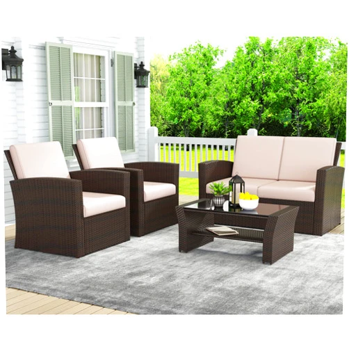 LayinSun 4 Piece Outdoor Patio Furniture Sets, Wicker Conversation Sets, Rattan Sofa Chair with Cushion for Backyard Lawn Garden (Brown)
