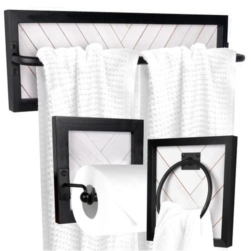 Autumn Alley Farmhouse Bathroom Decor Set - Rustic Towel Ring, Toilet Paper Holder, and Towel Rack - Handcrafted Wood and Metal, Unique Shiplap Design, Black and White, Wall Mounted