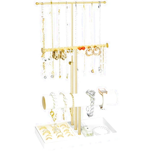 Jenseits Jewelry Organizer Stand Necklace Holder Organizer, 3-Tier Earrings Organizer w/Bracelet Storage Display & Velvet Ring Tray, Cute Metal Aesthetic Jewelry Tower Rack for Women Girls - Gold
