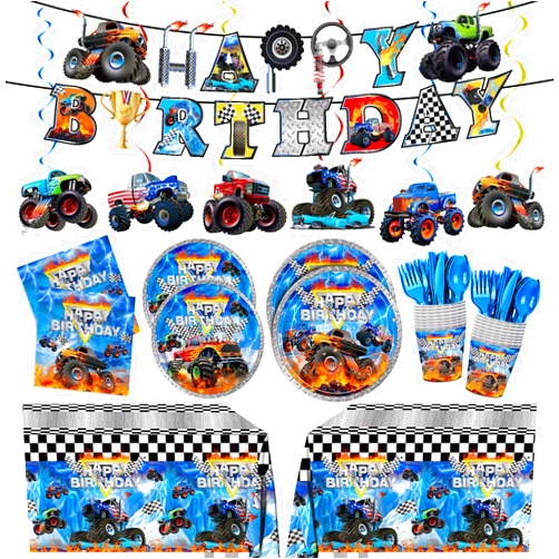 JVORFDG 177pcs Monster Truck Plates Napkins Birthday Decorations Disposable Tableware Set Include Plates, Napkins, Cups, Cutlery, Banner, Hanging Swirls, Tablecloth for Monster Truck Party Supplies Serve 24 ﻿