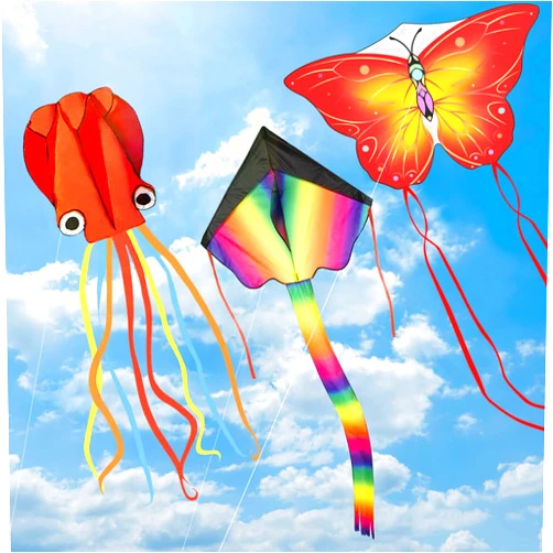 Crogift 3 Pack Large Kites, Large Butterfly Kite, Colorful Delta Flying Kite and Red Octopus Wind Kite with Kite String for Girls Boys 3 Years and up