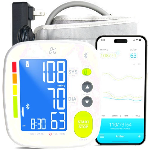 Greater Goods Bluetooth Smart Blood Pressure Monitor for Home Use – Automatic Digital Upper Arm BP Machine with 8.7”–16.5” Cuff, iOS & Android App Compatible, Large Backlit Display