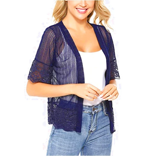 BERTHYFAI Womens Sheer Shrug Cardigan Casual Open Front Crochet Lace Half Sleeve Elegant Cover Up Sweater