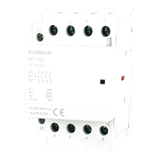 Baomain Household AC Contactor 4 Pole HC1-63 (HC1-50/40) 12V 50A NO Normally Open Universal Circuit Control 35mm DIN Rail Mount