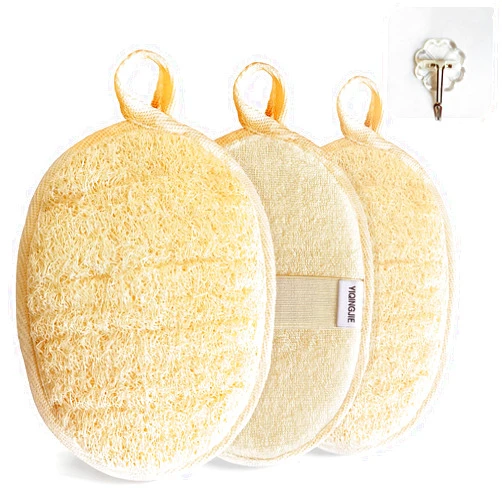 YIQINGJIE Natural Loofah Sponge Exfoliating Body Scrubber (3 Pack),Made with Eco-Friendly and Biodegradable Shower Luffa Sponge, Loofah for Women and Men, Beige