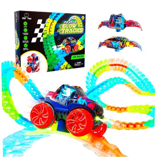 USA Toyz Zero-G Glow Race Track for Kids- 105pcs Glow in The Dark Flexible Race Track Set with Suction Cups, Slot Car, 2 Graffiti Toy Cars Shells, STEM Toy LED Car Tracks for Boys and Girls Age 3+