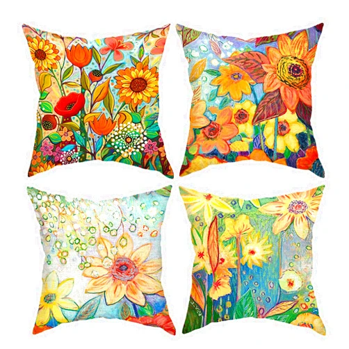 MOMPLUS Set of 4 Throw Pillow Covers Cotton Linen Cusion Cover Square Pillowcase for Bed Couch Chair Sofa Office Farmhouse Decor 18 x 18 Inch (Sunflower)