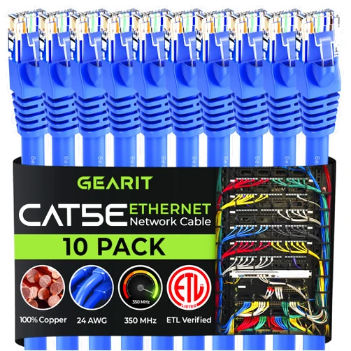 GearIT 10-Pack, Cat5e Ethernet Patch Cable 6 Feet - Snagless RJ45 Computer LAN Network Cord, Blue - Compatible with 10 Port Switch POE 10port Gigabit