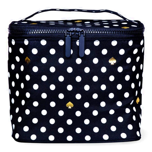 Kate Spade New York Insulated Soft Cooler Lunch Tote with Double Zipper Close and Carrying Handle, Polka Dots (Black/White)
