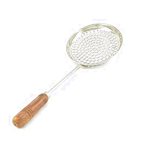 BHATI Stainless Steel Boondi Jhara with Wooden Handle (Silver, 45 x18 cm)