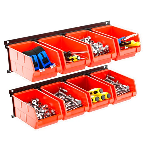 TORACK Wall-Mounted Storage Bins - 8 Plastic Bins & 2 Metal Tracks for Tools Organization in Garage, Craft Room, and Shop(Orange)