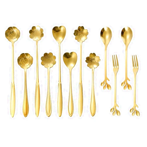 Ardanlingke 12 Pieces Dessert Spoon, Floral Spoon Set, Coffee Spoon Sugar Spoon Ice Cream Spoon Stirring Spoon, Reusable Stainless Steel Creative Dessert Spoon(Gold)