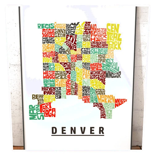 Handmade Denver Neighborhood Map Print, signed print of my original hand drawn Denver typography map art