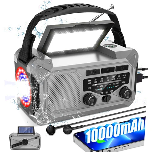 Kibuhain 10000mAh Emergency Weather Radio with Solar Charging, Hand Crank & Type-C Charge, Portable Radio AM/FM/NOAA, LED Flashlight Reading Lamp Compass for Outdoor Camping Phone Charger SOS Alarm Radio